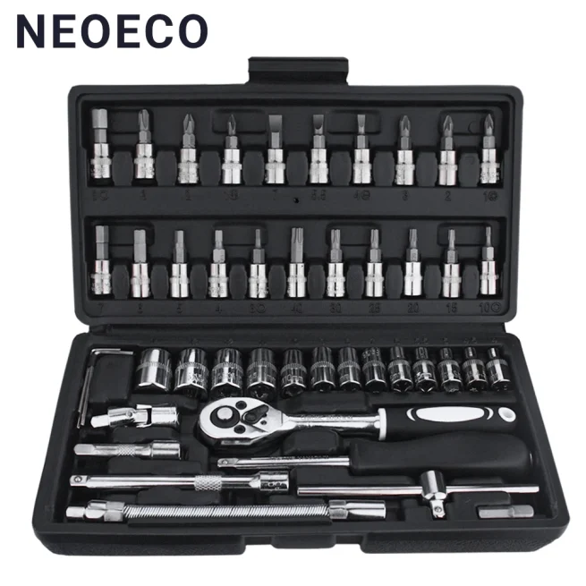 46pcs CRV Alloy Ratchet Wrench Set Steel Mirror Socket Combination Kit Extension Hex Car Auto