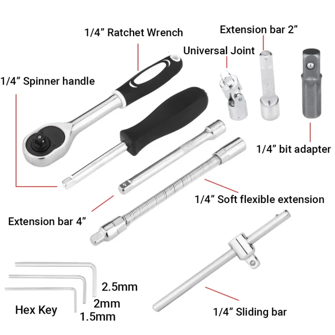 46pcs CRV Alloy Ratchet Wrench Set Steel Mirror Socket Combination Kit Extension Hex Car Auto