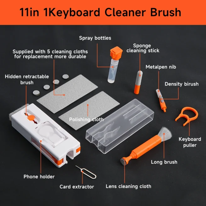 Computer Cleaning Kit, Earphone Bluetooth Cleaner Pen Keyborad Camera Brush, Sim Card Ejector, Keycap Puller, Phone Holder, 11 in 1