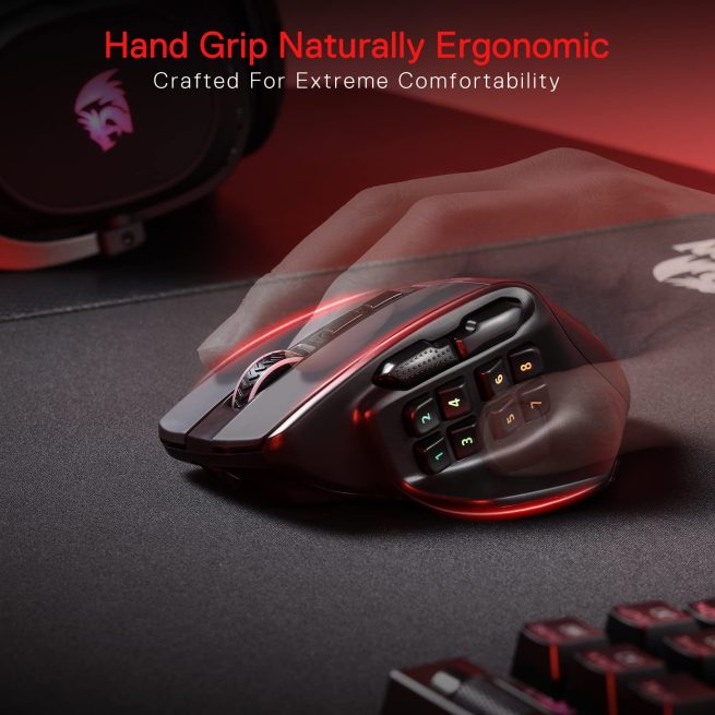Redragon-M811 Pro Wireless Gaming Mouse, 15 Programmable Buttons, RGB Gamer Mouse, Macro Keys color black