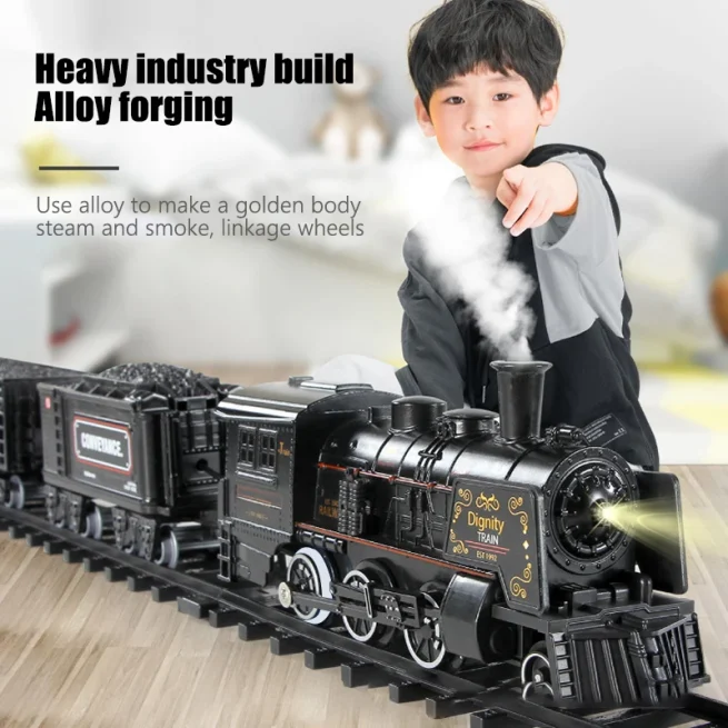 B/O Railway Classic Freight Train Set Passenger Water Steam Locomotive Playset with Smoke Simulation Electric Train Black