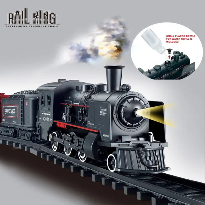 B/O Railway Classic Freight Train Set Passenger Water Steam Locomotive Playset with Smoke Simulation Electric Train Black