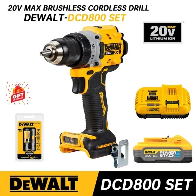 DeWalt-DCD800 Cordless Electric Drill, 20V Brushless Screwdriver, Compact Drill, Driver, Power Tools for Dewalt, 20V Battery