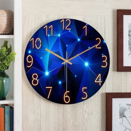 Geometric Elements Wall Clock, Dark Blue, Thickened Tempered Glass, Quartz Silent Movement, Living Room