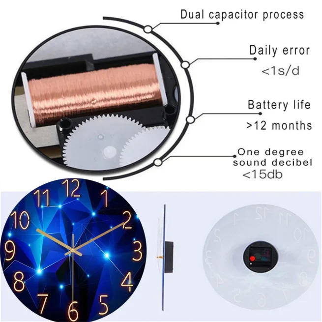 Geometric Elements Wall Clock, Dark Blue, Thickened Tempered Glass, Quartz Silent Movement, Living Room