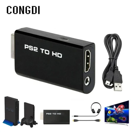 Compatible PS2 HDMI Converter Adapter, Audio and Video with 3.5mm Audio Cable, Supports PC All PS2 Display Modes, 480i, 480p