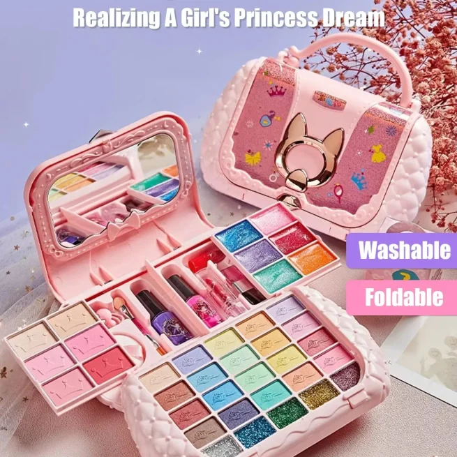 Washable Cosmetic Toys Set with Mirror Makeup Kit Small Bag Non-toxic and Safe Girls Birthday Gifts Kids Beauty