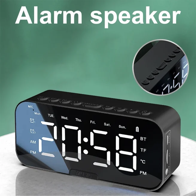 LED Digital Alarm Clock with Bluetooth Speaker Mirror Bedroom Office Table Decoration Screen Temperature FM Radio