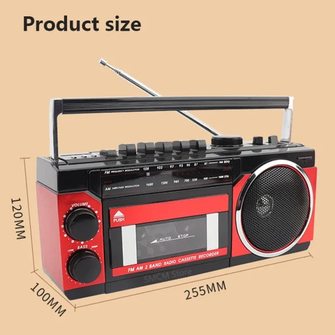 Portable Vintage Retro USB Multiband Radio Stereo, Bluetooth Boombox, MP3 Audio Cassette, Tape Recorder, AM FM SW