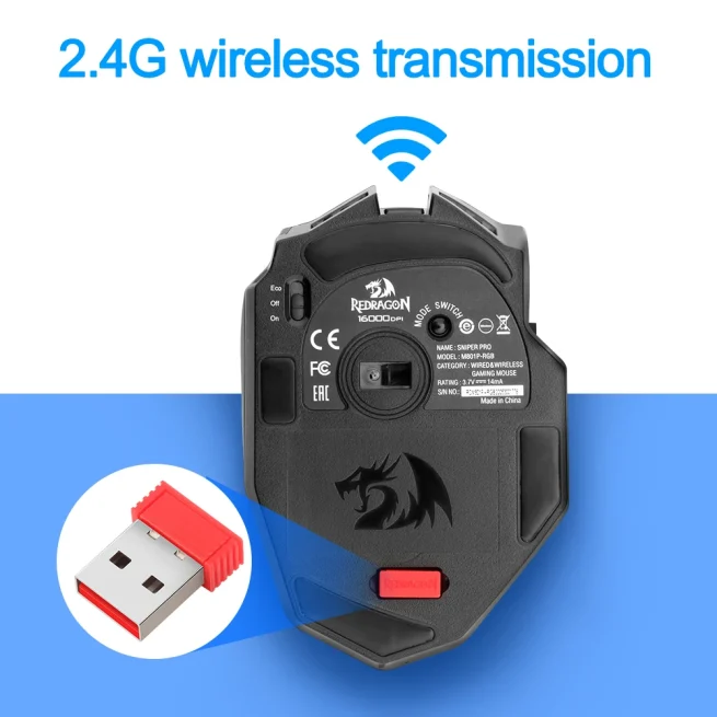 Redragon Sniper Pro M801P RGB USB 2.4G Wireless Gaming Mouse 16400DPI Ergonomic 10 Programmable