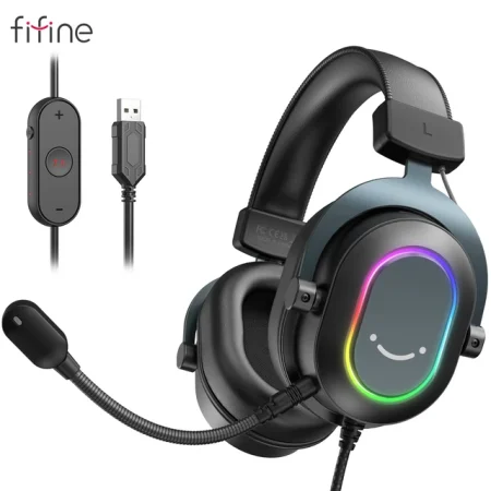 Fifine - Dynamic RGB Gaming Headphones with Mic, Over-Ear Headphones, 7.1 Surround Sound, PC, PS4, PS5, 3 EQ Options, Game