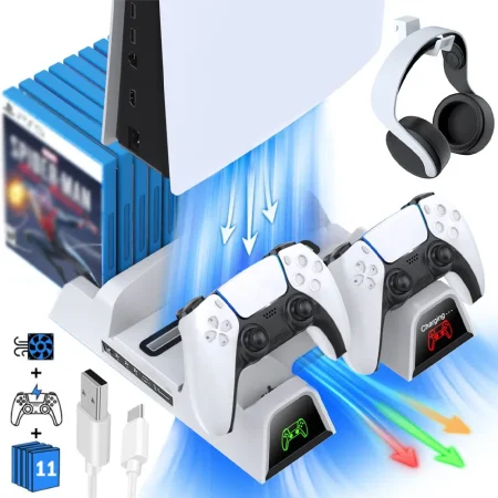 Vertical Stand for Sony Playstation 5, Charging Dock, Cooling Fan, Console Accessories, PS5, PS 5