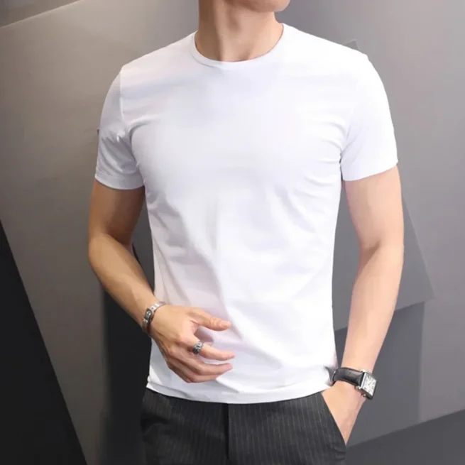 Men's Round Neck Dress Shirts White Black Short Sleeve Loose Monochrome Fashion Casual Pullover Men's Clothing