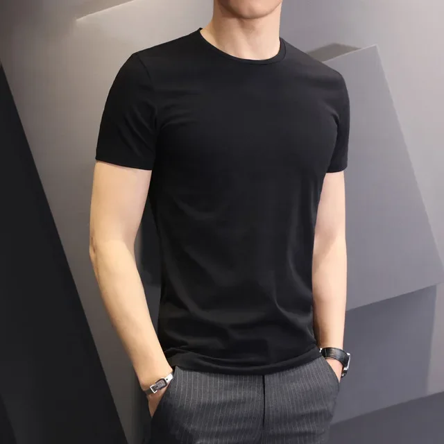 Men's Round Neck Dress Shirts White Black Short Sleeve Loose Monochrome Fashion Casual Pullover Men's Clothing