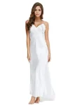 Lace V-neck Nightgown White Pajamas for Women Spaghetti Strap Long Sleepwear Nightwear ARD501W