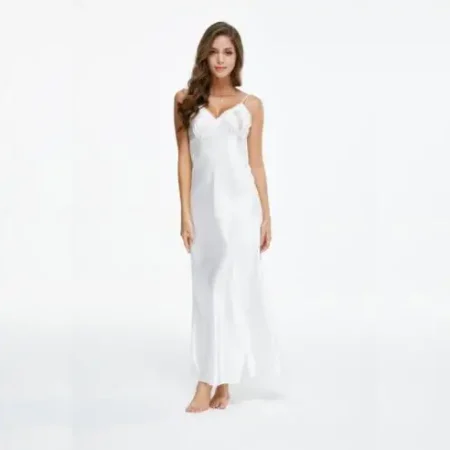 Lace V-neck Nightgown White Pajamas for Women Spaghetti Strap Long Sleepwear Nightwear ARD501W