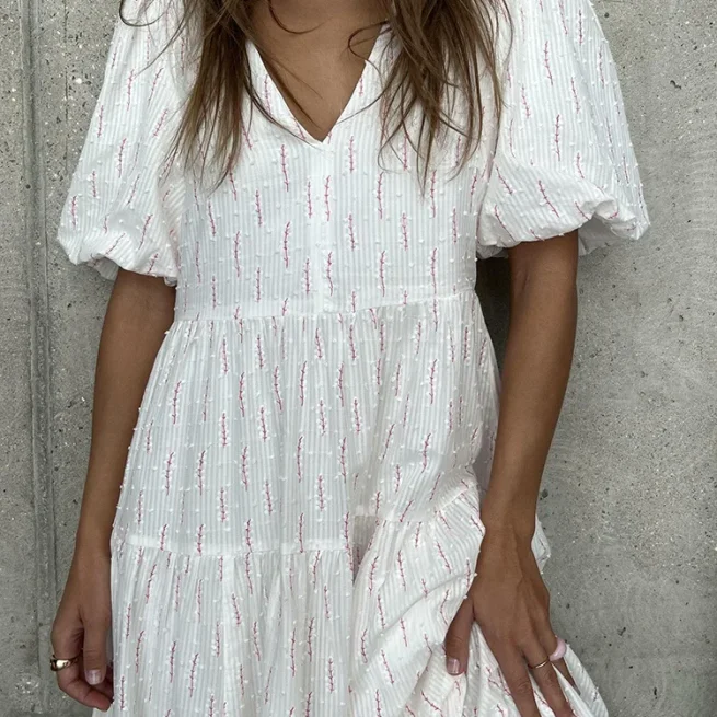 Women Vintage 100% Cotton Dress V Neck White Floral Print Midi Dress Long Sleeve Casual Summer Dresses for Women