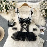 SINGREINY-2022 Women Lace Ruffles Bodysuit Backless Slim Jumpsuit Open Crotch Sheer Mesh Sexy Rompers Erotic Lingerie