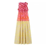 Women Chic Round Neck Sleeveless Big Swing Dress, Women Beach Robe, Patchwork Print, Holiday, Summer Fashion, New