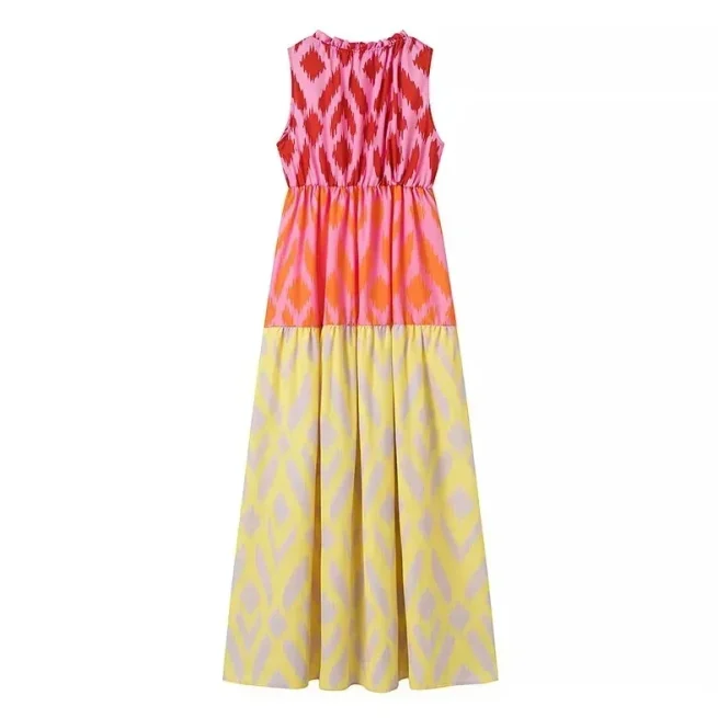 Women Chic Round Neck Sleeveless Big Swing Dress, Women Beach Robe, Patchwork Print, Holiday, Summer Fashion, New