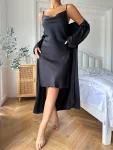 Women's Black Satin Pajama Set, Long Sleeve Robe with Belt, V Neck Dress, Ladies Pajamas, Loungewear