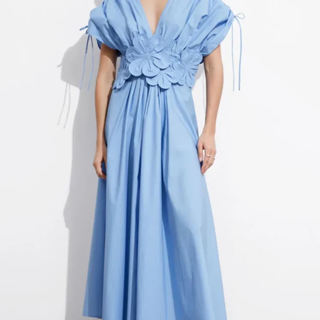 Lanmrem Women's V-neck Short Sleeve Floral Dress High Waist A-line Dresses Summer Elegant Party 3D Print New 32C1128