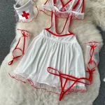 Women's Sexy Cosplay Nurse Uniform, Erotic Lingerie, Babydoll Dress, Flirting Underwear, Hollow Out Jumpsuit, Dresses, 5 Piece