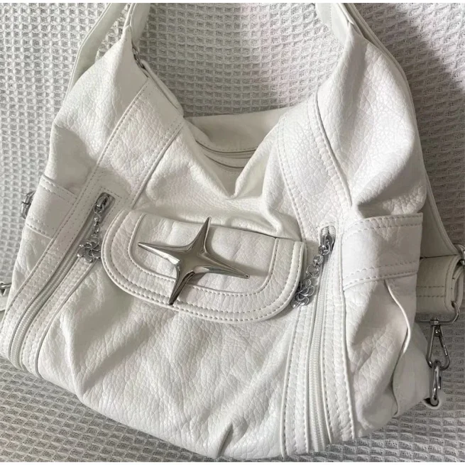 White Soft Leather Shoulder Bags for Women, Shopping Bags, Classic Shopping Bags, Open Zipper, Female