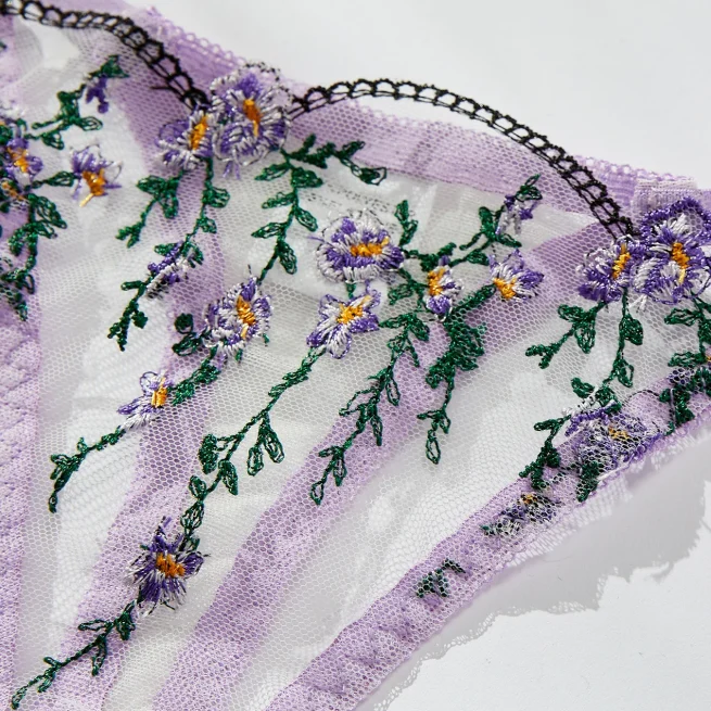 Purple Embroidery Lingerie Set for Women, Sheer Bra, Brief Underwear Set, Sexy Strappy Intimates