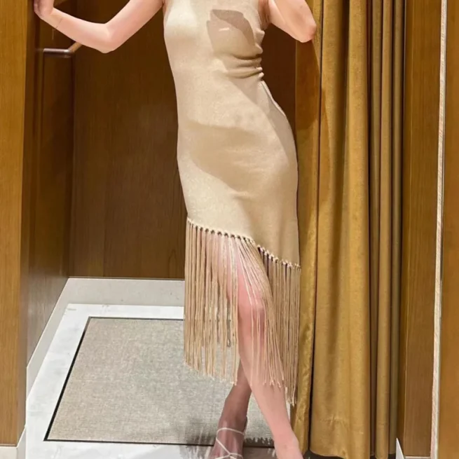 Women Irregular Knitted Midi Dress, Sleeveless Bodycon O-Neck Slim Casual Beach Party Elegant Summer Dress