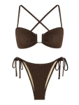 Zaful Ribbed Bikini Set for Women, Monochrome Thong Swimwear, U Metal Design, Textured Ribbed Spaghetti Strap