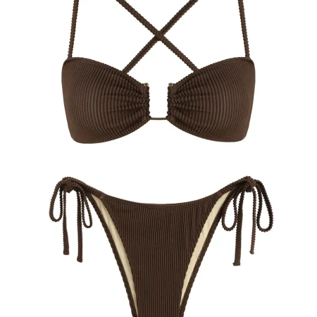 Zaful Ribbed Bikini Set for Women, Monochrome Thong Swimwear, U Metal Design, Textured Ribbed Spaghetti Strap