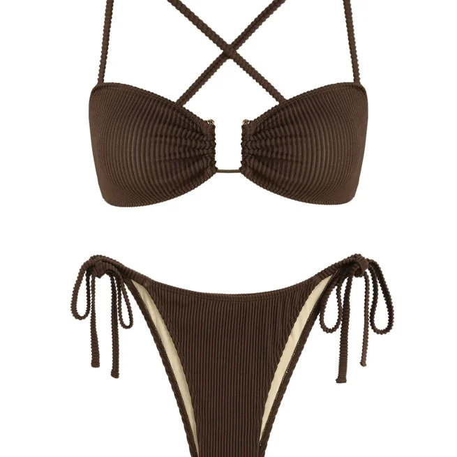 Zaful Ribbed Bikini Set for Women, Monochrome Thong Swimwear, U Metal Design, Textured Ribbed Spaghetti Strap
