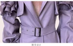 Nerazzurri 2024 Autumn Women's Long PU Leather Ruffles Coat Purple Elegant Chic Elegant Belt Luxury Designer Clothes