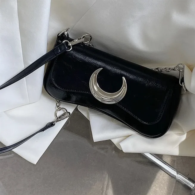 Vintage Women Shoulder Bag, Moon Lock, Black Crossbody Bag, Street Bag, Advanced Female, Luxury Fashion, Trend