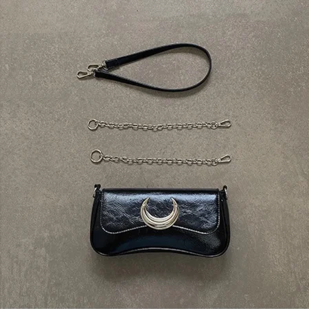 Vintage Women Shoulder Bag, Moon Lock, Black Crossbody Bag, Street Bag, Advanced Female, Luxury Fashion, Trend