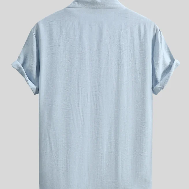 2024 Men's Short Sleeve Button Down Tropical Shirts Solid Color Basic Daily Tops Casual Blue Color