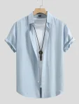 2024 Men's Short Sleeve Button Down Tropical Shirts Solid Color Basic Daily Tops Casual Blue Color