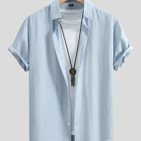 2024 Men's Short Sleeve Button Down Tropical Shirts Solid Color Basic Daily Tops Casual Blue Color