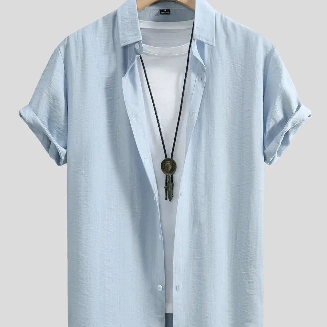 2024 Men's Short Sleeve Button Down Tropical Shirts Solid Color Basic Daily Tops Casual Blue Color