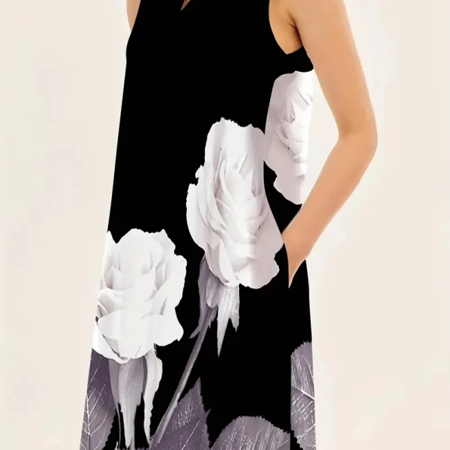 2024 New Women's V-neck Printed Sleeveless Long Dress Summer Sexy Dress Cross-border Trade in Europe and America