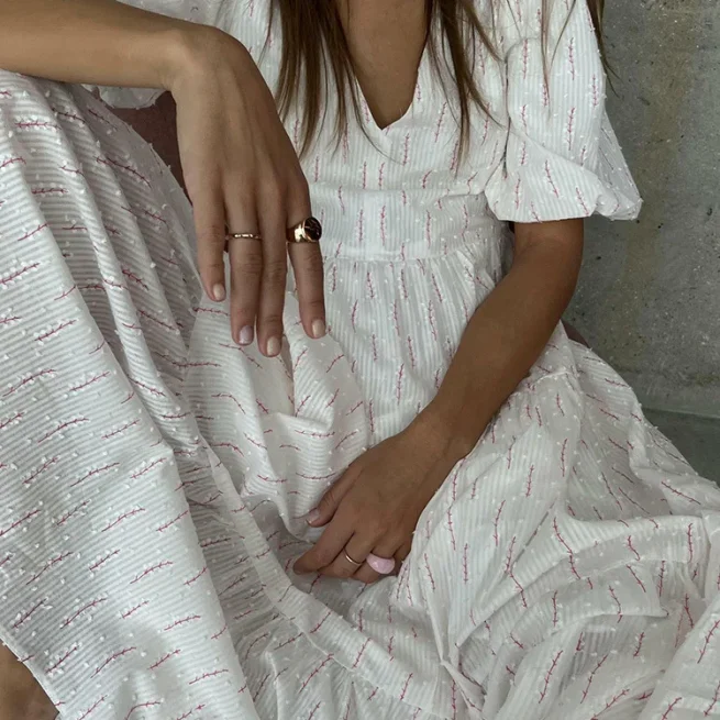 Women Vintage 100% Cotton Dress V Neck White Floral Print Midi Dress Long Sleeve Casual Summer Dresses for Women