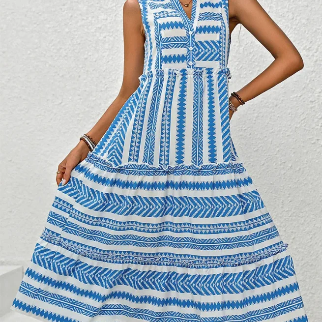 Women's Sleeveless Printed Bohemian Dress Mid-length V-neck Loose Casual Comfortable Holiday Spring Summer Dress