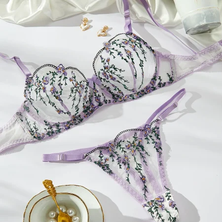 Purple Embroidery Lingerie Set for Women, Sheer Bra, Brief Underwear Set, Sexy Strappy Intimates