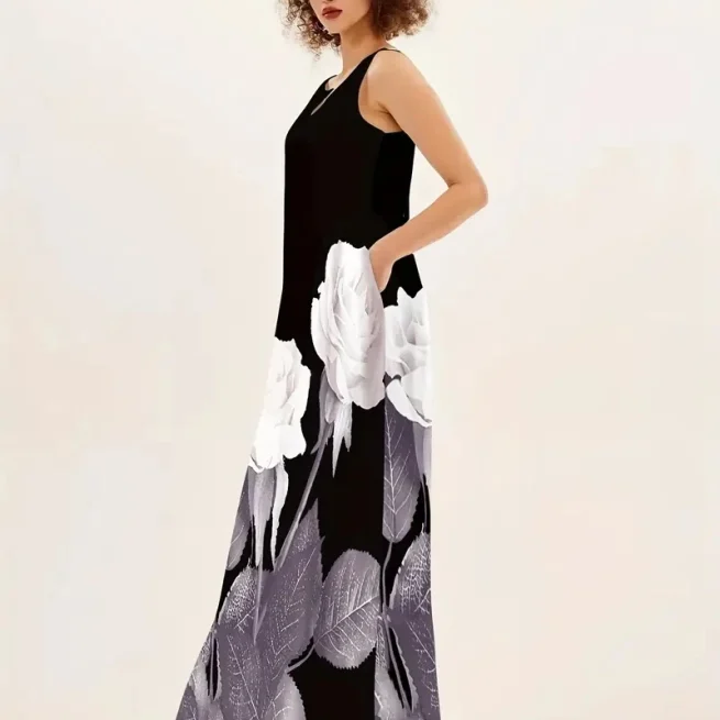 2024 New Women's V-neck Printed Sleeveless Long Dress Summer Sexy Dress Cross-border Trade in Europe and America