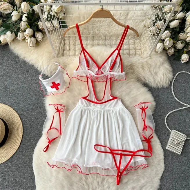 Women's Sexy Cosplay Nurse Uniform, Erotic Lingerie, Babydoll Dress, Flirting Underwear, Hollow Out Jumpsuit, Dresses, 5 Piece