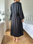 Women's Black Satin Pajama Set, Long Sleeve Robe with Belt, V Neck Dress, Ladies Pajamas, Loungewear