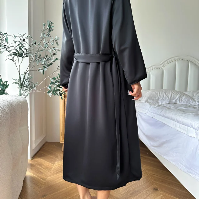 Women's Black Satin Pajama Set, Long Sleeve Robe with Belt, V Neck Dress, Ladies Pajamas, Loungewear