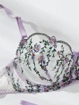 Purple Embroidery Lingerie Set for Women, Sheer Bra, Brief Underwear Set, Sexy Strappy Intimates