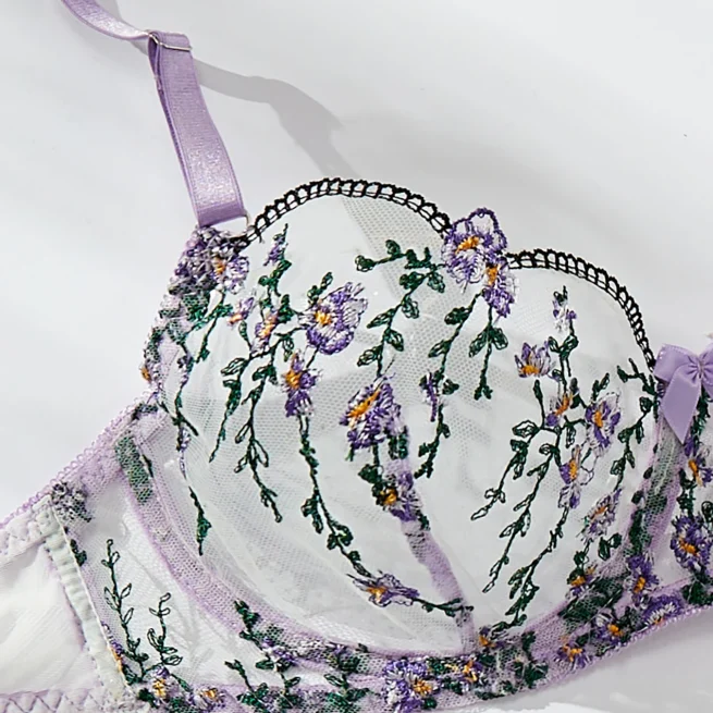 Purple Embroidery Lingerie Set for Women, Sheer Bra, Brief Underwear Set, Sexy Strappy Intimates